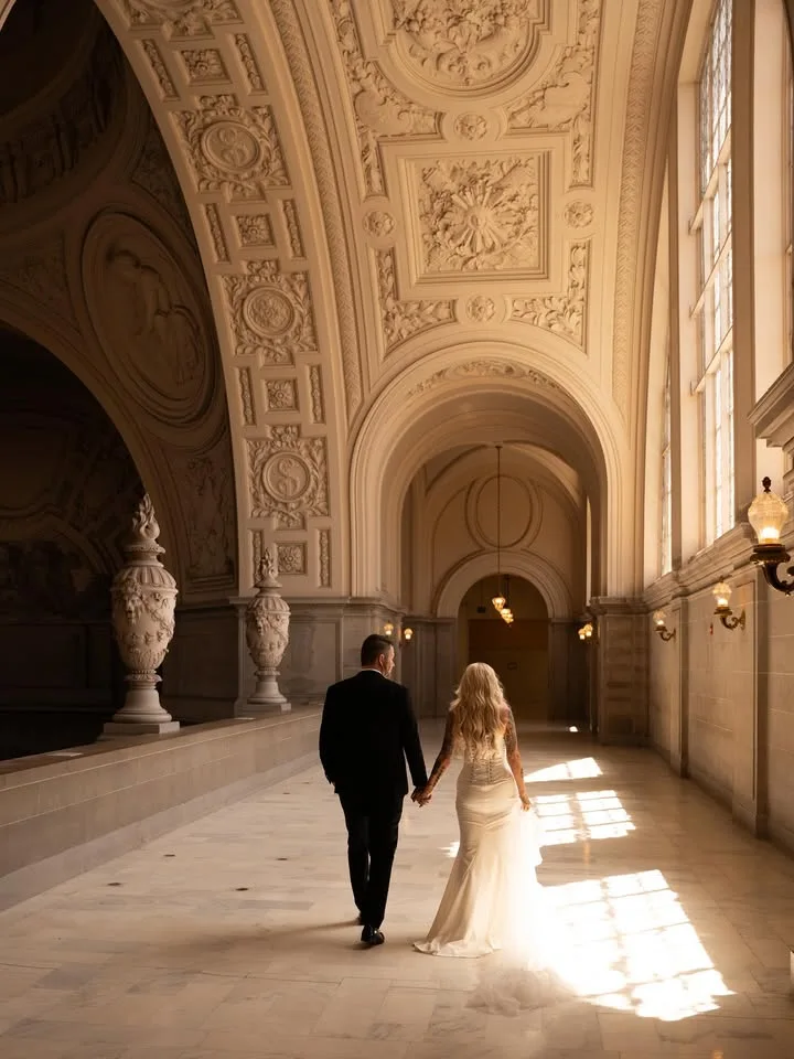 Couple walking hand in hand through the ornate halls of San Francisco City Hall.